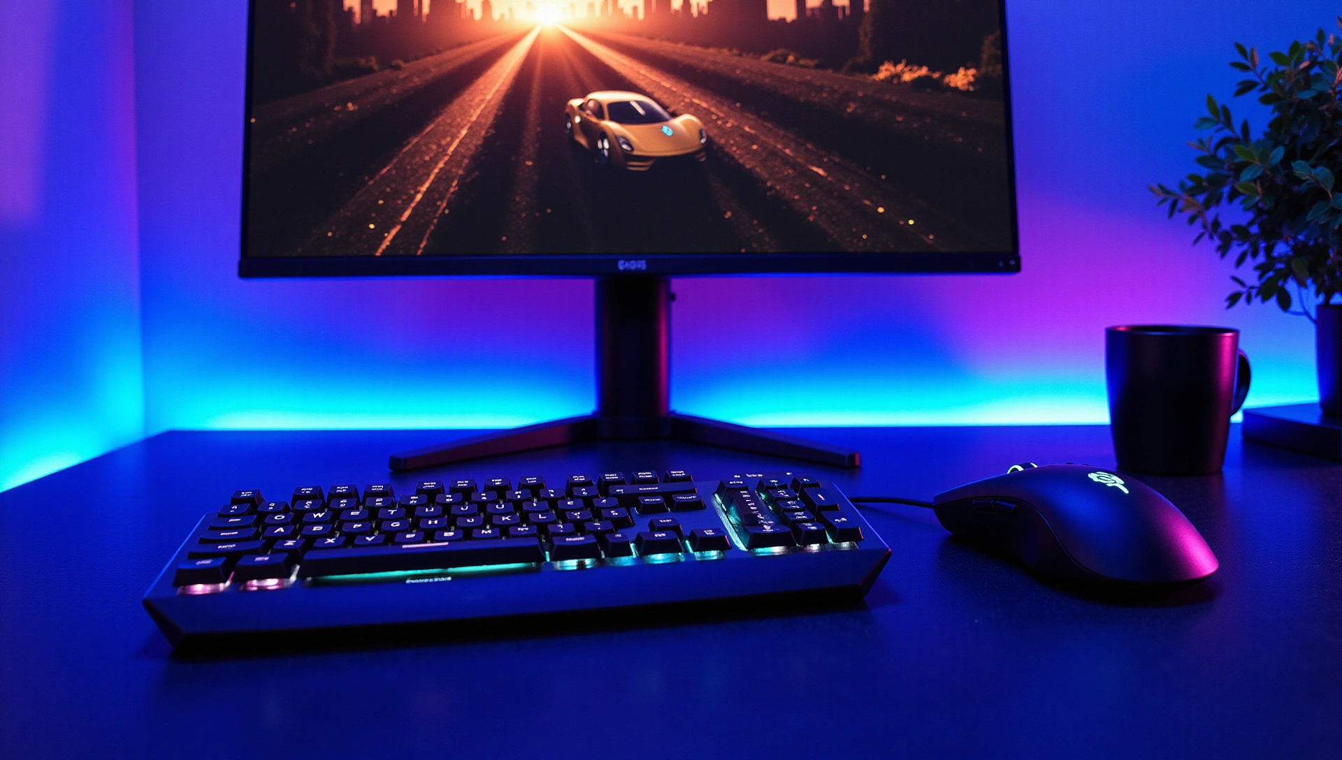 Dynamic background of futuristic gaming setup with neon lights and high-performance accessories