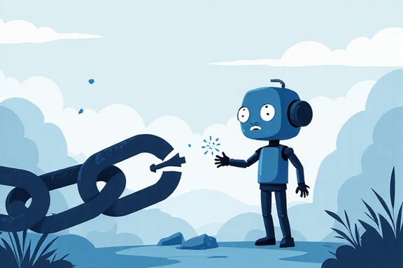 Illustration of a broken link or a lost page, symbolizing a 404 error with a friendly robot looking confused.