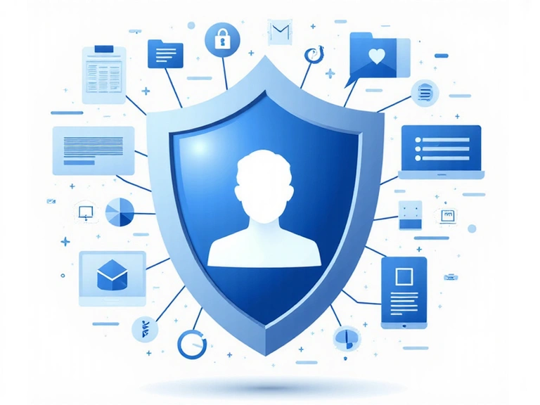 Illustration of data privacy and security, showing a shield protecting personal information with digital elements around it.